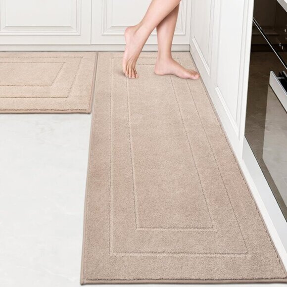 New 2PC Beige Kitchen Rug Set Washable Non-Slip Absorbent Mats for Floor & Sink